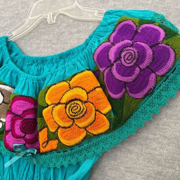 Boho Embroidered Gauze Off The Shoulder Top Peasant Turquoise Mexican Campesina - Picture 5 of 10